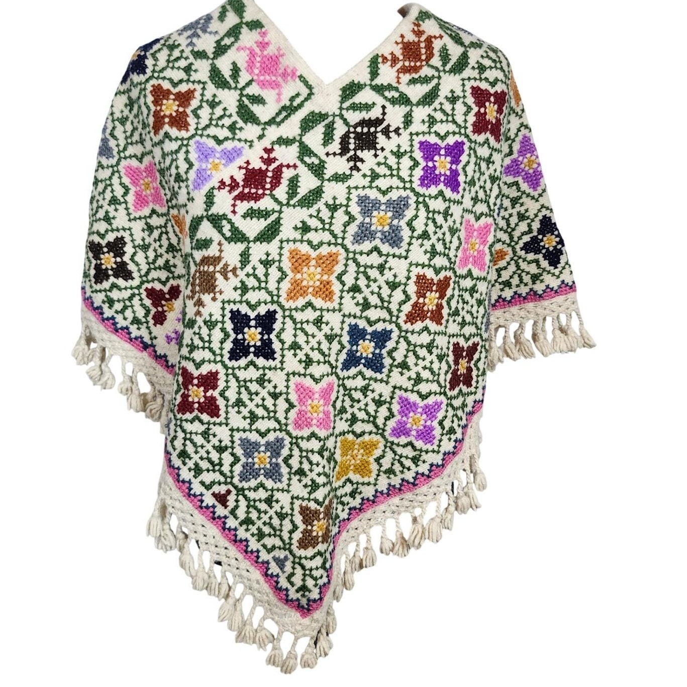Handwoven Wool Floral Poncho Boho Folk V Neck Fringe Artisan Wrap Wool Blend